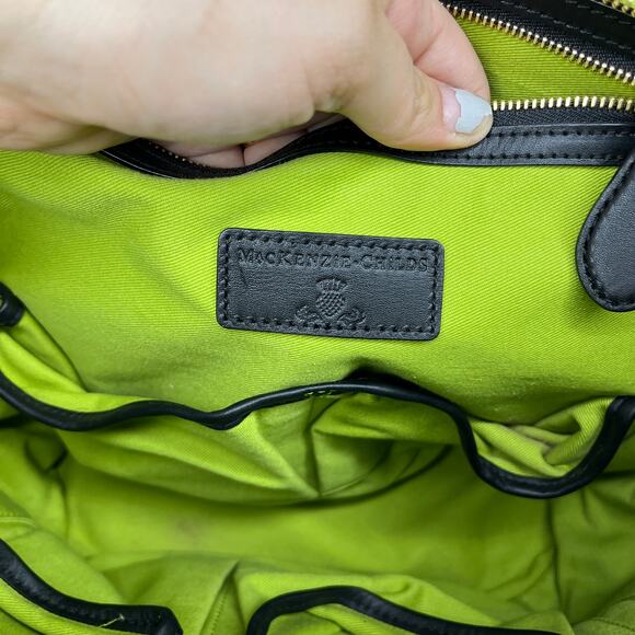 MacKenzie Childs Courtly Check Chartreuse Black Leather Diaper Bag Tote - Picture 8 of 9
